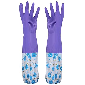 Long Rubber Cleaning Gloves with Thermal Warm Lining, Winter Household Waterproof Dishwashing Non-Slip Elastic Ribbon Glove for Kitchen Bathroom(Purple)