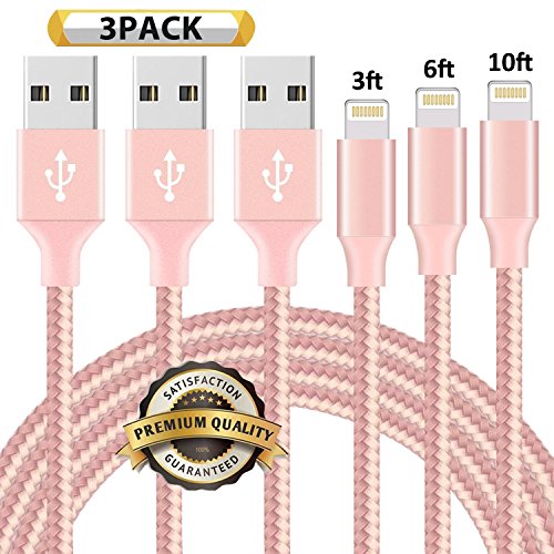 Chamfind Lightning Cable 3 Pack 3FT 6FT 10FT Nylon Braided Certified Lightning to USB iPhone Charger Cord for iPhone X 8 7 7 Plus 6S 6 SE 5S 5C 5, iPad 2 3 4 Mini Air Pro, iPod Nano 7 (Pink)