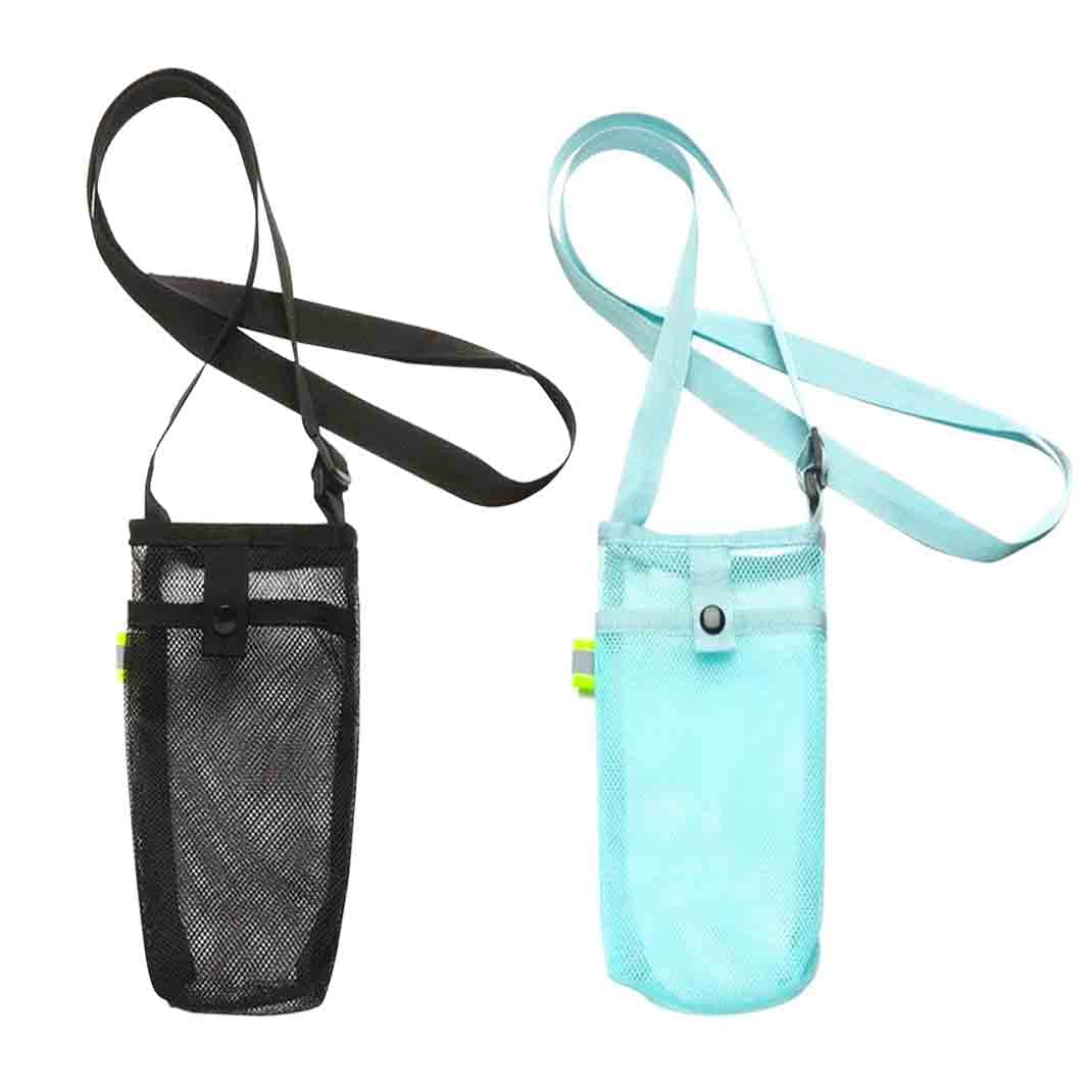 DIYBravo 2 Pcs Water Bottle Bag Carrier Mesh Pouch with Adjustable Strap Phone Storage, Foldable Lightweight Bottle Pouch Drink Cup Carrier Holster for Hiking Camping Running Commuting (Black Blue)