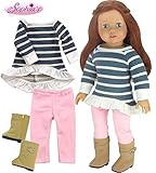 Sophia's Doll Clothes Complete Stylish 3 Piece Outfit of a Blue Stripe Ruffled Hem Doll Shirt, Pink Velvet Doll Pants & Brown Suede Doll Boots Perfect for Your Favorite 18 Inch American Doll and More!