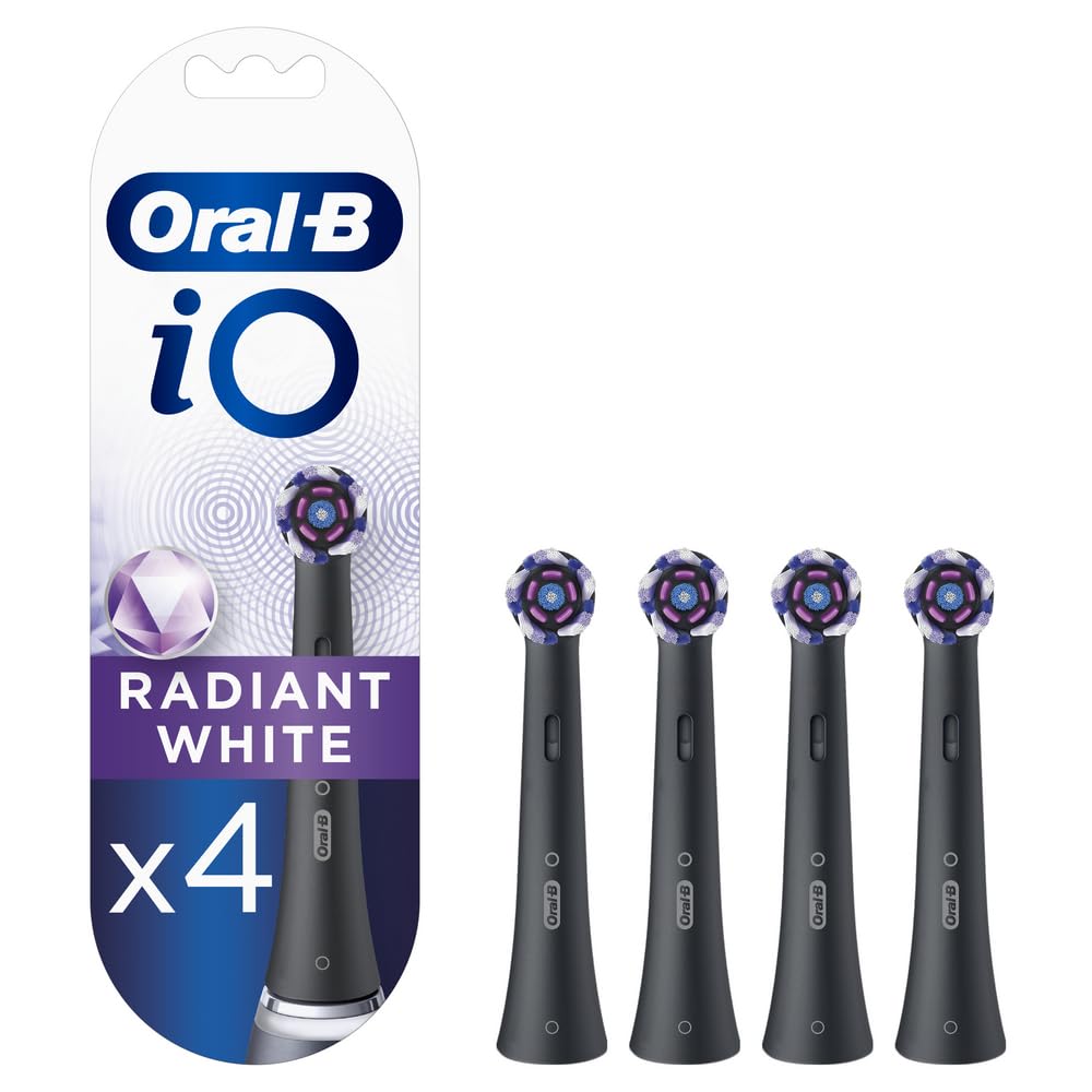Oral-B iO Radiant White Electric Toothbrush Head, Angled Bristles Deeper Plaque Removal, with Polishing Petals for Teeth Whitening, Pack of 4 Toothbrush Heads, Black
