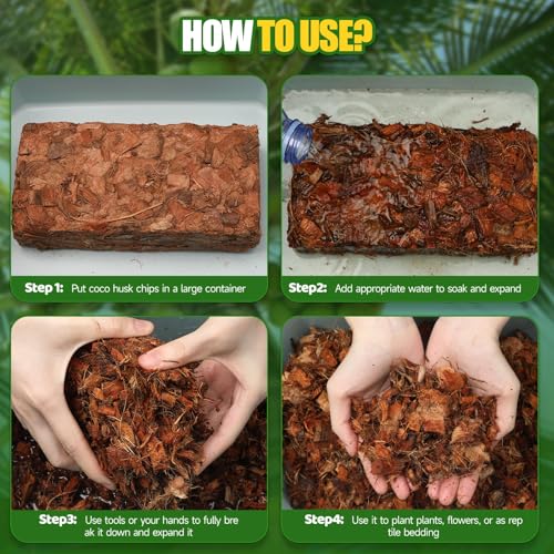 4 Pcs Coconut Coir Chips for Plants, 4.4 LB 100% Organic Coco Husk Chip Bricks with Low EC and pH Balanced, Easy to Expand Coco Coir Mulch Medium for Garden Flowers & Reptile Bedding