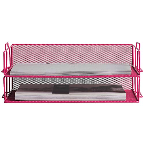 Klickpick Office 2 Tier Stackable Heavy Duty Metal Desktop Letter Tray File Organizer Sorter Desk Document Organizer Shelf Tray Magazine Holder Paper File Newspaper Organizer Tray - Pink
