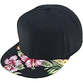 Premium Floral Hawaiian Cotton Twill Adjustable Snapback Hats Baseball Caps (Hawaiian/Black/Black Flat)
