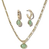 DISTANT DRUMS Simple Natural Green Aventurine Stone Jewelry Set for Women,Hoop Earrings,Bracelet,Necklace,18K Gold-plated Spiritual Gift,Fortunate Stone Jewelry,Choker