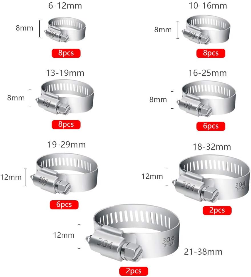 Selizo 40Pcs Hose Clamp Including 7 Sizes Adjustable Pipe Tube Clamps 304 Stainless Steel Hose Clips, Silver - Image 3