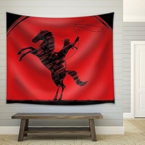 Vector - Silhouette, Cowboy on Bucking Horse with Lasso - Fabric Wall Tapestry Home Decor - 51x60 inches