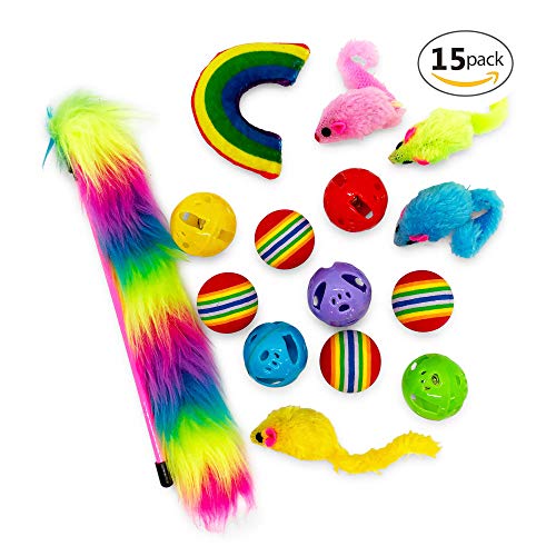 Pet Craft Supply Cat Toy Set - Multi Color Rainbow cat accessories - cat supplies - kitty toys - cat plush toy pack - cat wand catnip mice value pack set of 15 toys