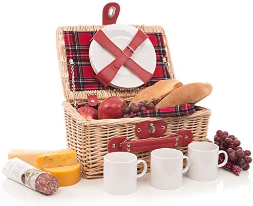 Modern Wicker Picnic Basket Hamper Set by Weirwood | Includes Flatware, Cheese Plates, Ceramic Mugs, Handkerchiefs, and FREE Checkered Blanket (Small)