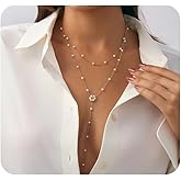 Gold Y-Shaped Pearl Lariat Necklace for Women Dainty Boho Layered Beaded Pendant Necklace Trendy Crystal Long Chain Necklace Simple Classic Jewelry