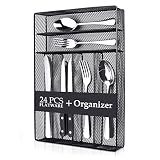 Teivio 24 Piece Silverware Set, Flatware Utensils Set Mirror Polished, Dishwasher Safe Service for 4, Include Knife/Fork/Spoon with 4 Steak Knife and Wire Mesh Steel Cutlery Holder Storage Trays