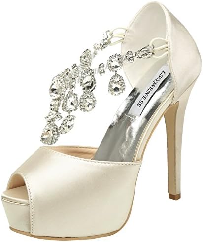 Jiame Womens Peep Toe Stiletto High Heel Platform Pumps T Strap Satin Rhinestones Wedding Bridal Shoes (9BM(US)(Asia 41), Apricot)