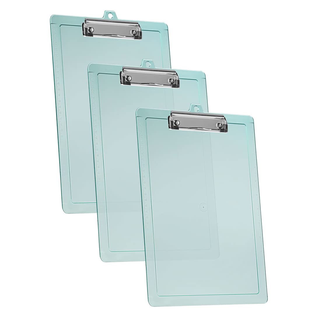 Acrimet 3 Pack Clipboard Letter Size A4 (34 cm x 24 cm) Low Profile Clip & Side Rulers, Durable Plastic for Office, School, Home Use - Clear Green Color