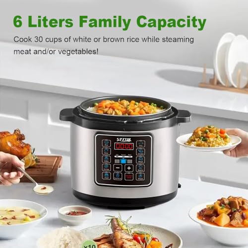 SPZTJK 12-in-1 Electric Pressure Cooker 6 Quart, LED Multifunction Steamer, 24-Hour Presetting Electric Rice Cooker, Pressure Cooker, Slow Cooker, Steamer, Warmer, Multicooker, 1000W, Stainless Steel