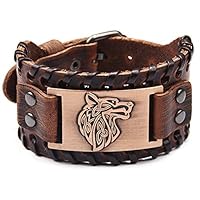 Juland Punk Braided Rope Alloy Bracelet Bangle Wristband Genuine Leather Bracelet Mens Leather Cuff Bracelet Wolf Head Wristbands Wide Cuff Leather Wrap Adjustable - Brown