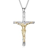 PELOVNY Sterling Silver Cross Crystal Necklace For Men Women Jesus Christ Crucifix Pendant Necklace Jesus Religious Jewelry - 22+2/18+2''