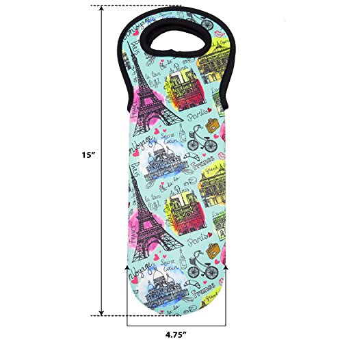 Wine Tote Carrier Bag / Purse For Champagne, Chardonnay, Water Bottles (Paris Designs)