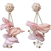 GOGNGTR Bohemia Emulation Fabric Flower Earrings for Women Hand Made Lace Tassel Rhinestone Pearl Earrings Dangle