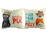 Luxbon Set of 2 Pcs The Notorious King Pug Dog & The Good The Bad And The Pugly Dog Cotton Linen Throw Pillow Case Cushion Cover 18x18