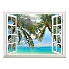 Removable Wall Sticker/Wall Mural - Beautiful Sunny Beach on a Tropical Island with Palm Trees | Creative Window View Home Decor/Wall Decor - 24"x32"