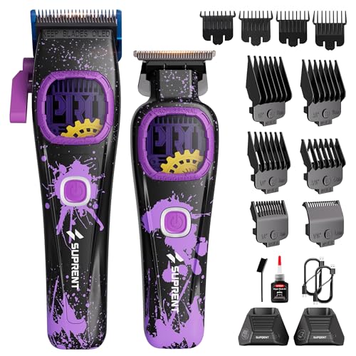 SUPRENT Professional Hair Clipper-Cordless Man Hair Clipper Kit with Titanium Coated Fade Blade, Magnetic Guide Combs, Charging Station (Purple)