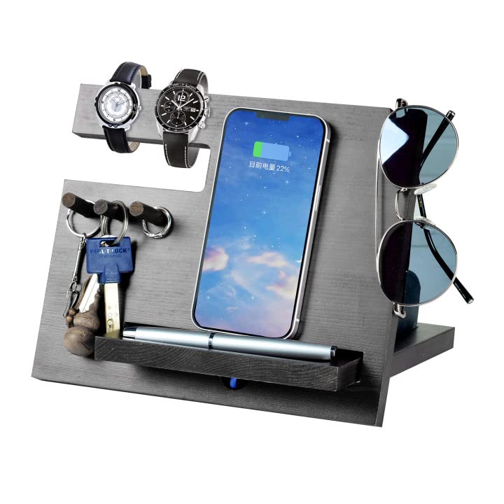 1STKER Gifts for Men - Wood Phone Docking Station Mens Gifts for Christmas Boyfriend Anniversary Birthday for Him Bedside Organiser Nightstand Key Wallet Stand Xmas Presents for Dad Husband