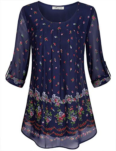 SeSe Code Women's 3/4 Roll Sleeve Casual Pleat Layered Chiffon Blouse Top