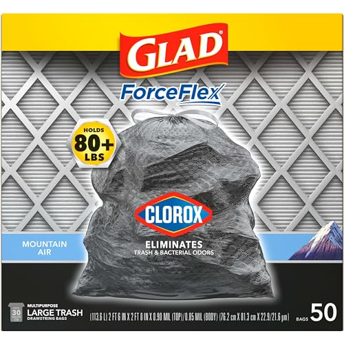 GLAD LARGE 30 GALLON TRASH BAGS, CLOROX MOUNTAIN AIR HEAVY DUTY GARBAGE BAGS, FORCEFLEX WITH DRAWSTRING, 50 COUNT (PACKAGING MAY VARY)