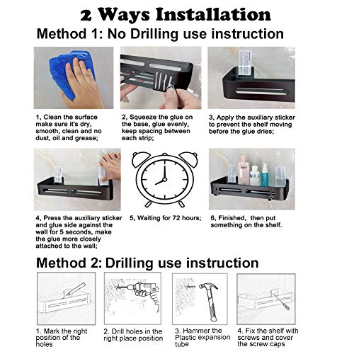 Yeegout No Drill Bathroom Shelves with Removable Hooks Aluminum Adhesive Shower Caddy Storage (Black Square)