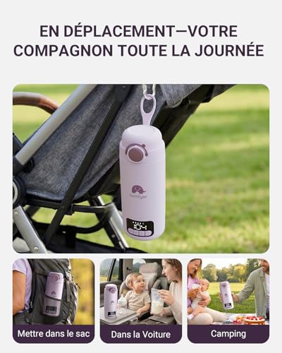 Comfyer Pro 2-in-1 Portable Bottle Warmer with Built-in Sterilizer, Fast Heating Milk & Water, 5 Smart Temperatures, Rechargeable 500 ml, Portable Travel Size