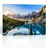Mon Art-Mountain by Lake Landscape Canvas Print Green Forest and Blue Sky Wall Art Nature Scene Artwork for Living Room Bedroom Bathroom Decoration Modern Home Decor,16x24x1P,Framed-Large