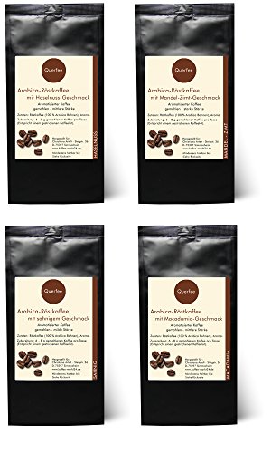 Kaffee Geschenkset Probierset - 4 x Kaffee mit Geschmack - Haselnuss, Mandel-Zimt, Sahne, Macadamia - Arabica Röstkaffee…