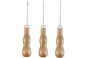 KOCKSHION 3Pcs Handcrafted Leather Awls with Wooden Handles Sewing Prickers for Leather Craft Includes Curved