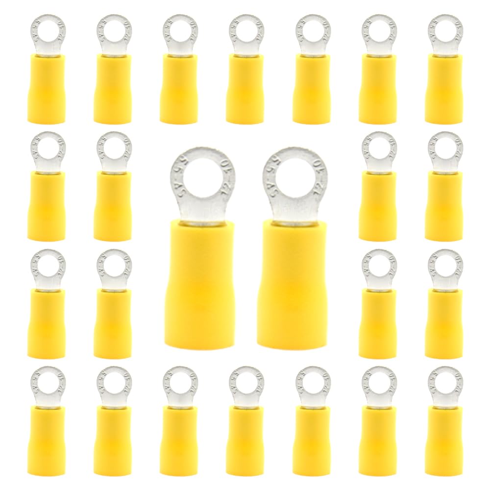 CEEYSEE 50pcs Yellow M4 Ring Terminals, 4-6mm² PVC Insulated Crimp Connectors for 12-10AWG Wire, Copper + PVC + Tinplate, Cars, Scooters, Motorcycles
