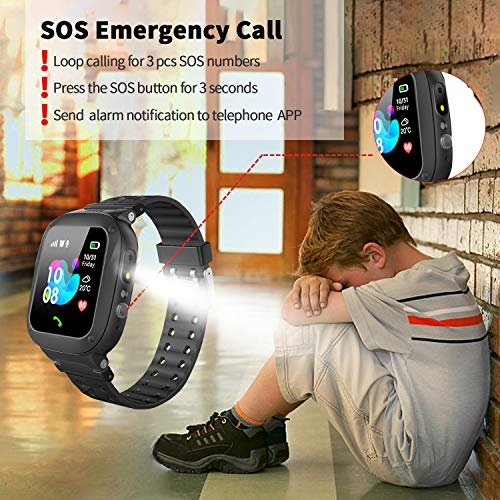 Jsbaby Kids Smartwatch Waterproof GPS/LBS Tracker Phone Compatible iOS Android for Children 3-12 Girls Boys SOS Call Remote Camera Two Way Call Touch Screen Games Christmas Birthday (Black) - Thumbnail 5