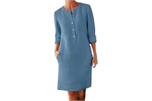 HTHLVMD Women's Cotton Linen Dress Long Roll-up Sleeve Midi Length Button Down Shirt Dresses with Pockets