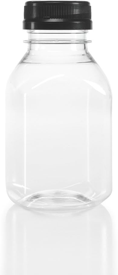 (24) 8 oz. Clear Food Grade Plastic Juice Bottles with Black Caps (24/Pack)