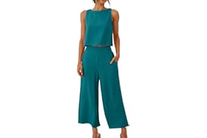 SRIPER Linen Set for Women Summer Outfits Matching Crop Top and Pant Set Tank Wide Leg Lounge Set with Pockets