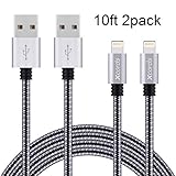 Xcords(TM) 2Pack 10Ft Nylon Braided iPhone 8 Pin Lightning Cable Syncing Cord for iPhone 7/ 7 Plus/ 6/ 6 Plus/ 6s / 6s Plus /5/ iPad Pro/iPad/iPod(Black)