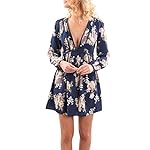 Usstore Women Dress Ladies Summer V Neck Vintage Long Sleeve Maxi Floral Short Mini Dress (XL)