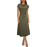 Happy Sailed Formal Dresses for Women Elegant Cowl Neck Short Sleeve Ruched Waist Midi Cocktail Party Dress for Wedding Guest Moss Green X-Large