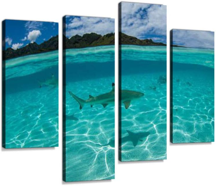 Shark Diving Canvas Wall Art Hanging Paintings Modern Artwork Abstract Picture Prints Home Decoration Gift Unique Designed Framed 4 Panel