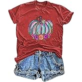 Fall Shirts for Women Casual Cute Pumpkin Graphic T-Shirts Novelty Halloween Tee Autumn Thanksgiving Tops
