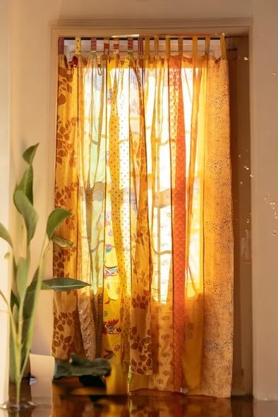Photo 1 of Assorted Hippie Colorful Curtains Light-Filtering – Boho Curtains, Bed Canopy Panel, Tapestry or Window Treatment Patchwork Yellow Color (84 X 43 Inches)