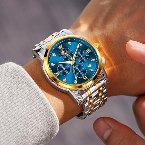 OLEVS Watch for Men Diamond Business Dress Analog Quartz Stainless Steel Waterproof Luminous Date Two Tone Luxury Casual Wrist Watch Blue
