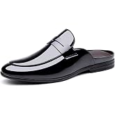 NHBEOEN Men's Patent Leather Dress Mules Fashion Comfortable Low Heel Slip On Backless Loafers for Wedding Office Business Formal Clogs