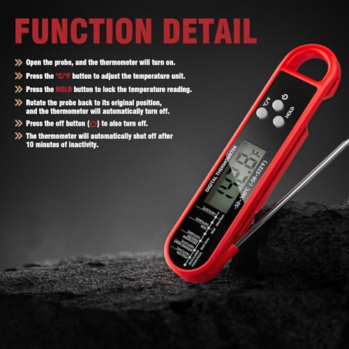 RUN HELIX Fleischthermometer Digital Rot，Bratenthermometer，Thermometer kochen，Langer Sonde und LCD Bildschirm, Ausschaltung für Steak, Essen, BBQ, Backen，Wasserthermometer und Kerntemperaturmesser thumbnail 3