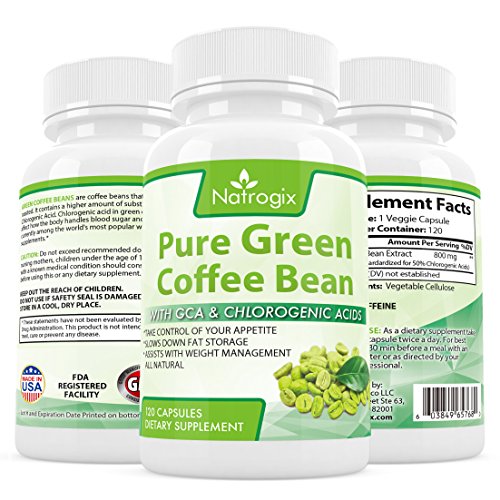 Natrogix 800mg Green Coffee Bean Extract - Pure Natural GCA (Standardized to 50% Chlorogenic Acids) Supplement, Appetite Suppressant to Lose Weight. Energy Booster, Made in USA (120 Capsules).