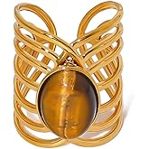 Dikixe Tiger's Eye Layered Adjustable Chunky Ring,Oval Cut Natural Stone 18K Gold Plated Wide Band Openwork Statement Ring, Cocktail Party Ring Christmas New Year Gift for Women