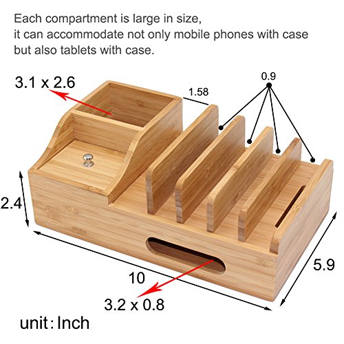 Bamboo Charging Station for Multiple Devices, Multi Use Wood Docking Station with Storage Box, Desktop Holder Organizer Compatible Devices, Phones, Tablets and Stationery (Hub, Cables Not Included)